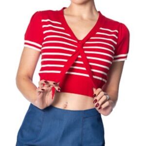 Red Striped Cropped V-Neck Top